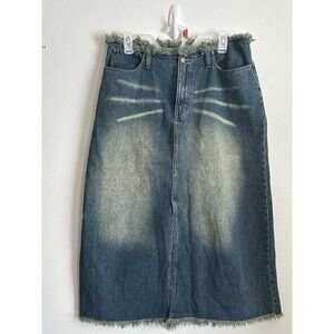 Beautiful VTG 90s Y2K Americana Blues Denim Midi Skirt Raw Fringe Edges Size 14